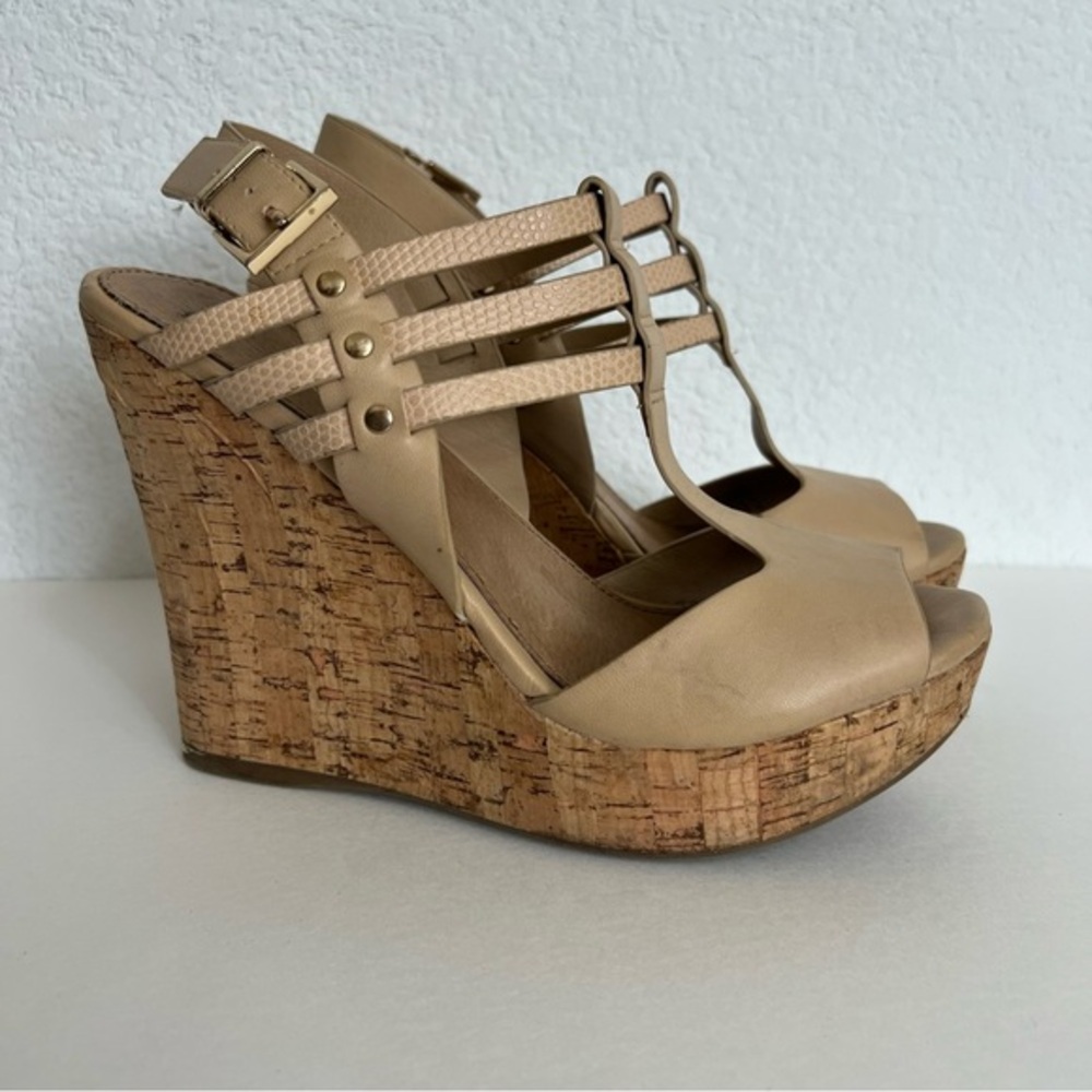 Aldo Beige Cream Leather Strappy Wedge Cork Heeled Sandals 8.5